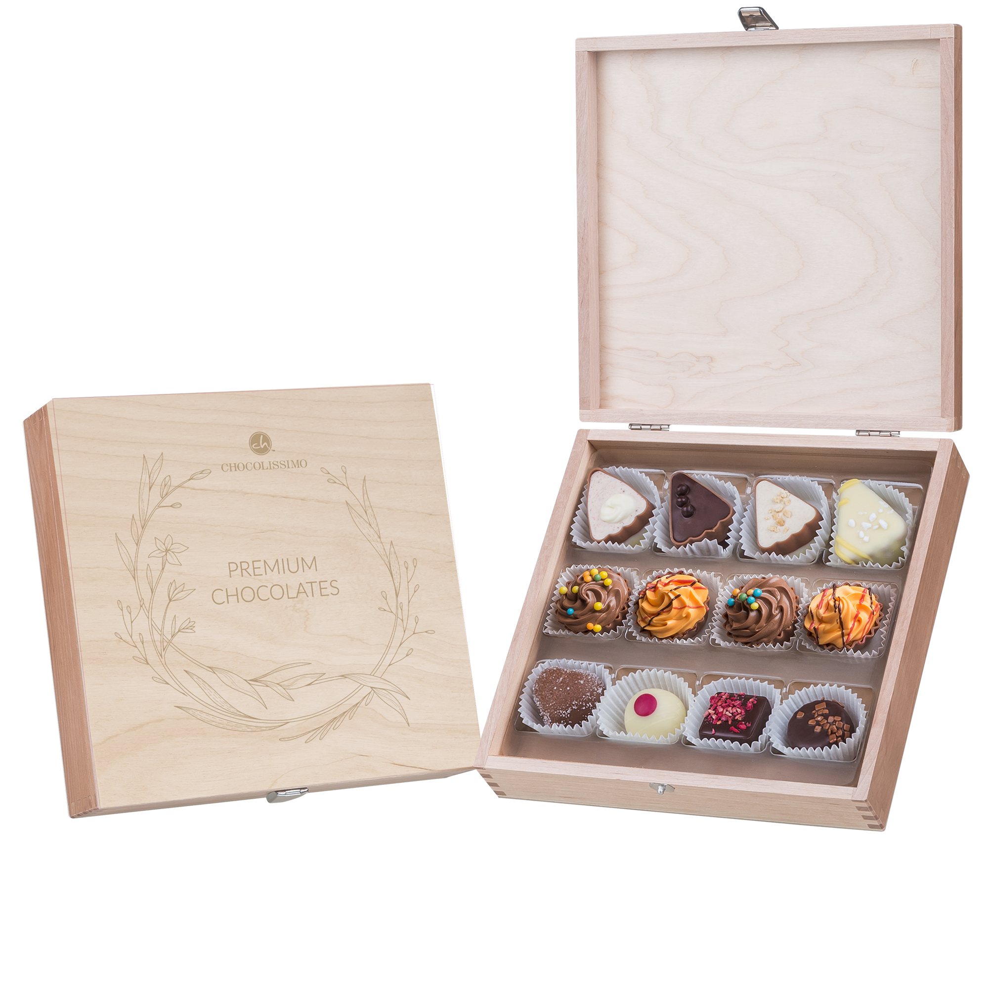 praline belgiene in cutie de lemn